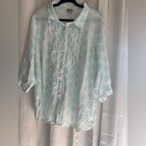 J. Jill Aqua Leaf Print Button Down Linen Shirt Top